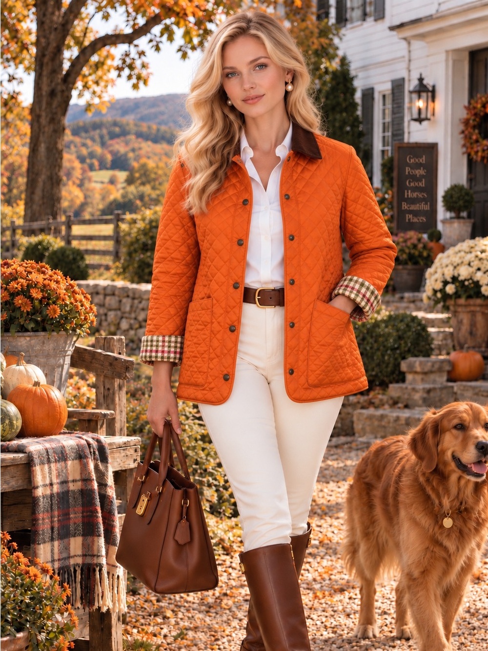 J. McLaughlin Orange Quilted Jacket with Corduroy Collar – Size Small